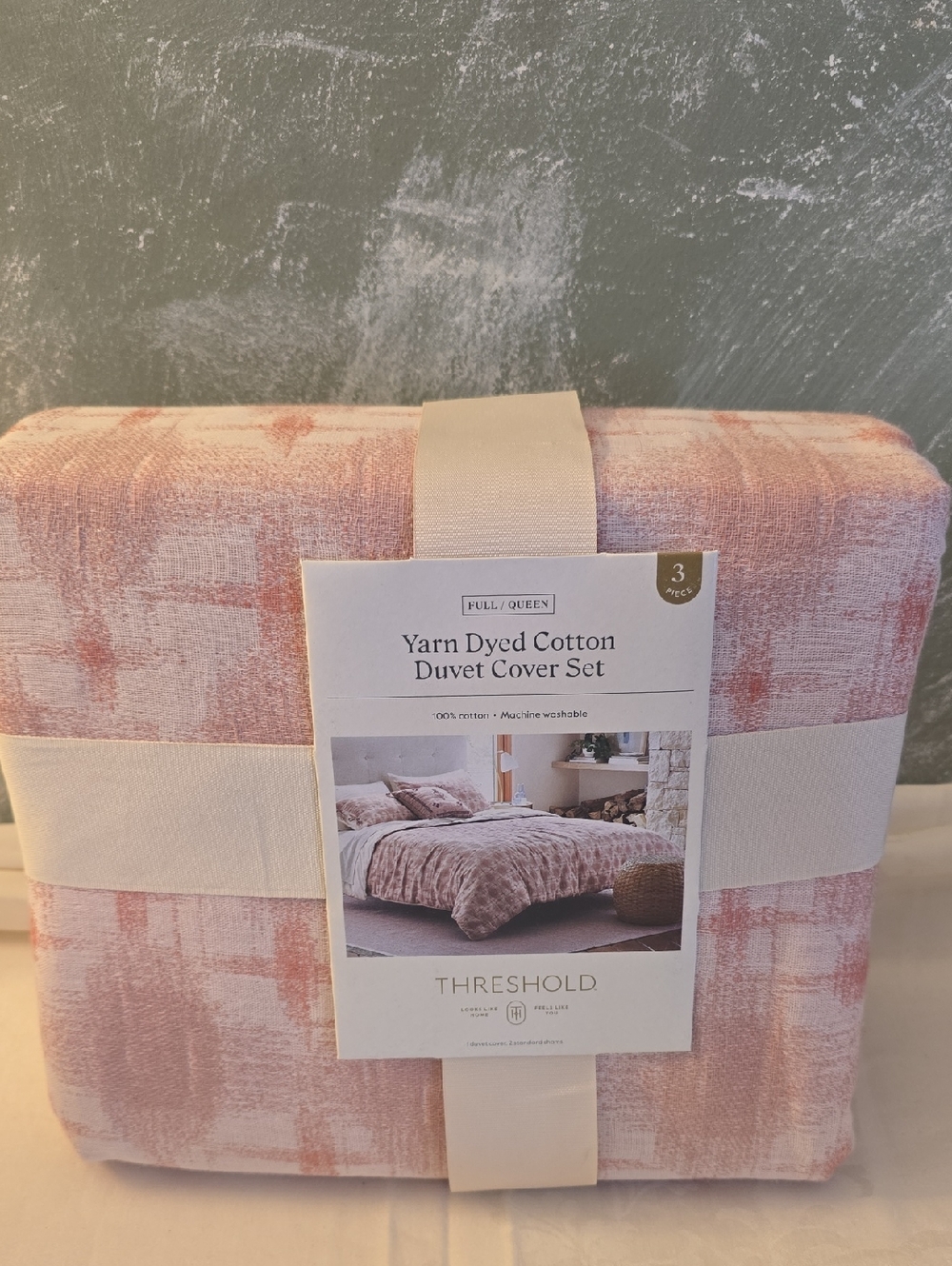Threshold Yarn Dyed Cotton Duvet & Shams Cover Set, Full/Queen Ivory, Mauve
